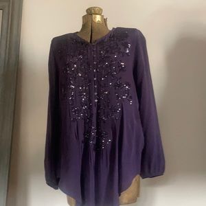 Purple 100% silk flowey Calypso St Barth top with sequins and hidden pockets